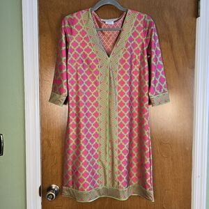 Gretchen Scott jersey dress in a pink and green Grand Bazaar print